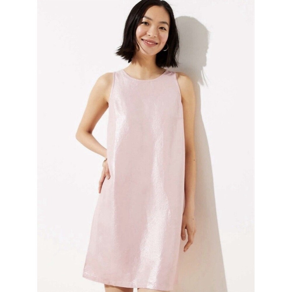 LOFT Pink Shimmer Linen Blend Shift Dress Size 4 Back Cutout Lagenlook Mini EUC